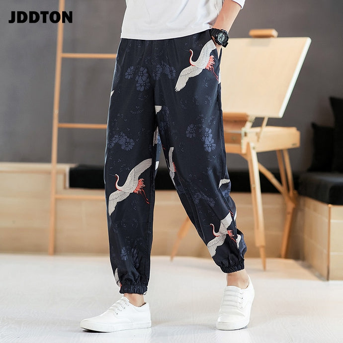 JDDTON Mens Japanese Harajuku Style Loose Personality Printing Sweatpant Beach Casual Wear Harem Kimono Streetwear Trouser JE068